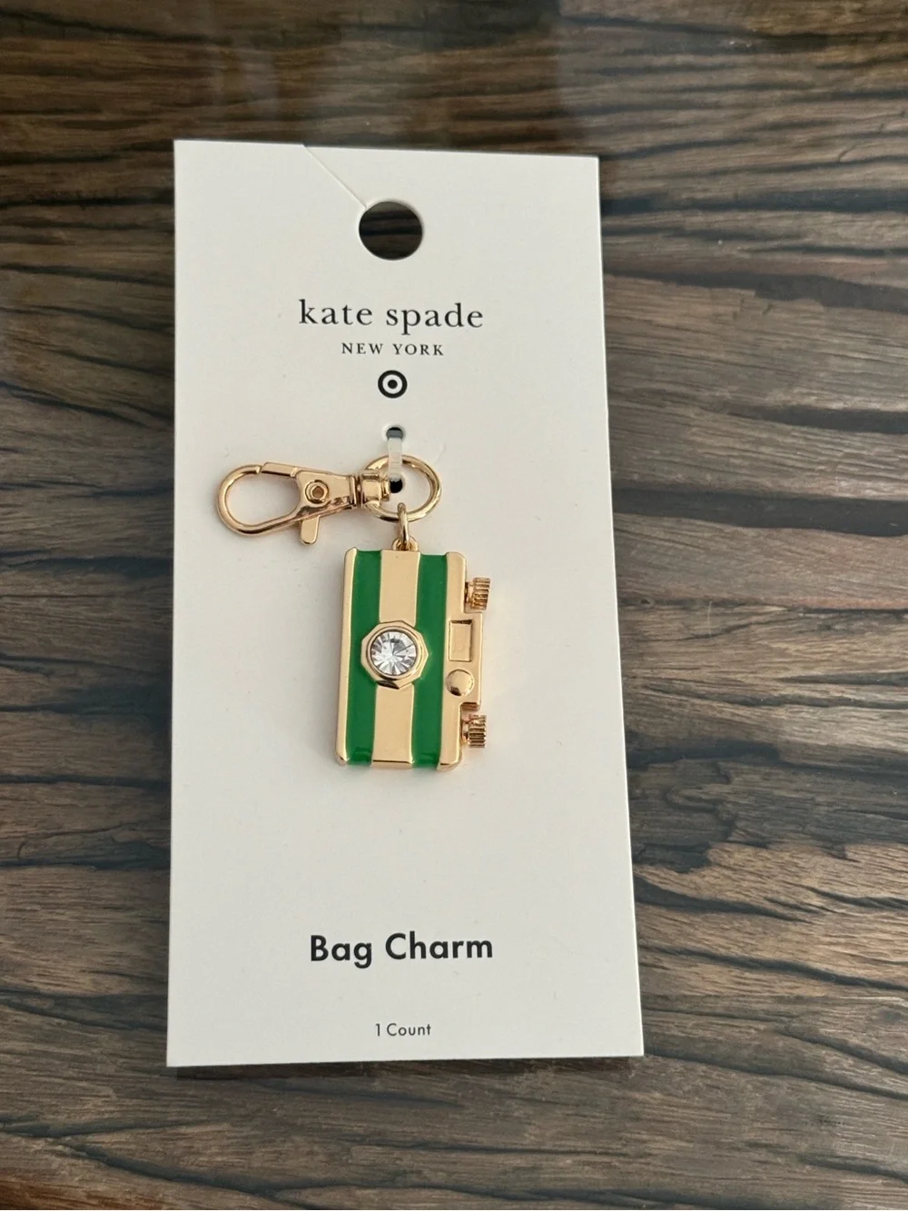 Kate Spade x Target Green White Striped Camera Gold Keychain New with tags